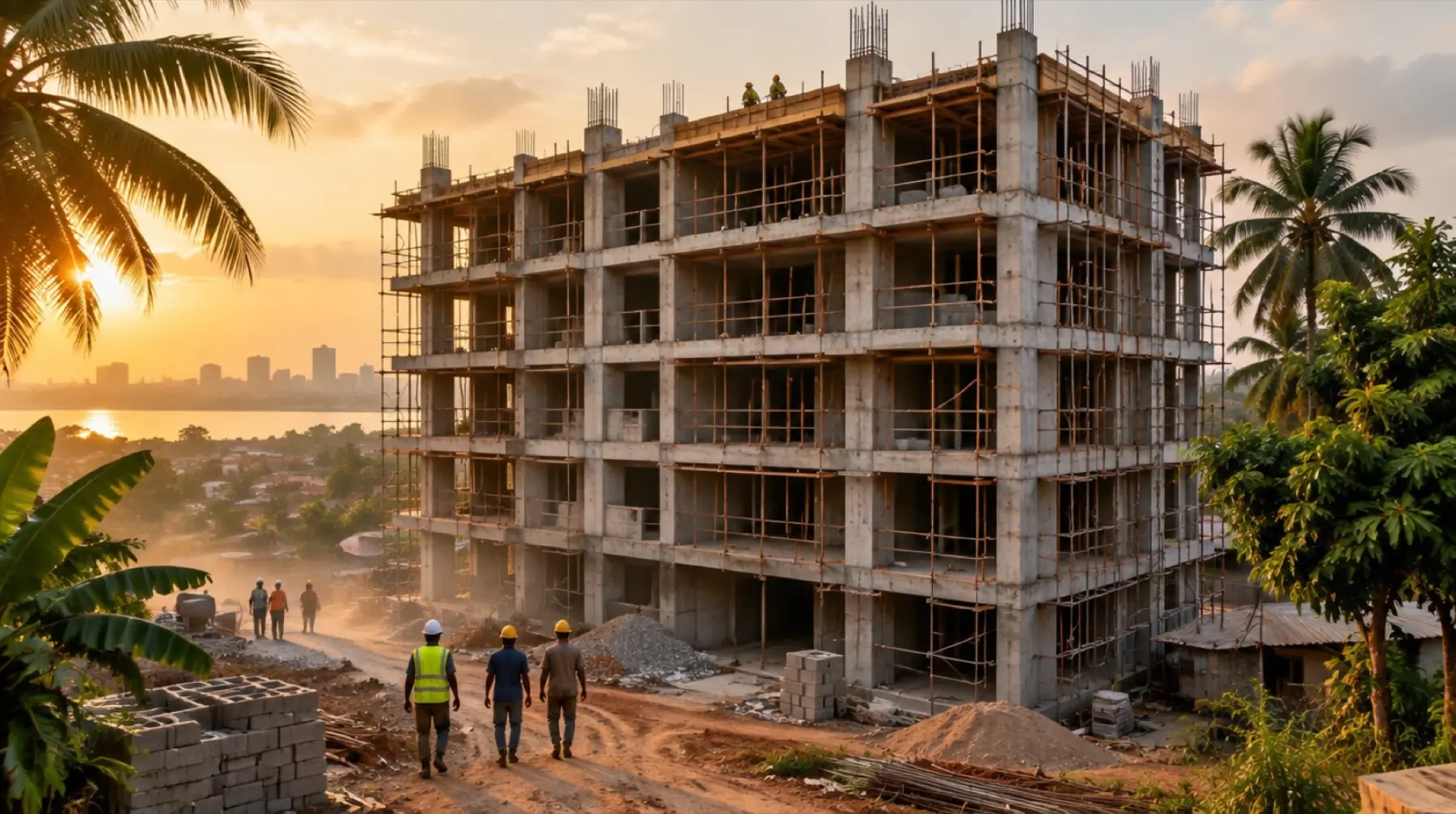 Immeuble en construction à Abidjan au coucher du soleil